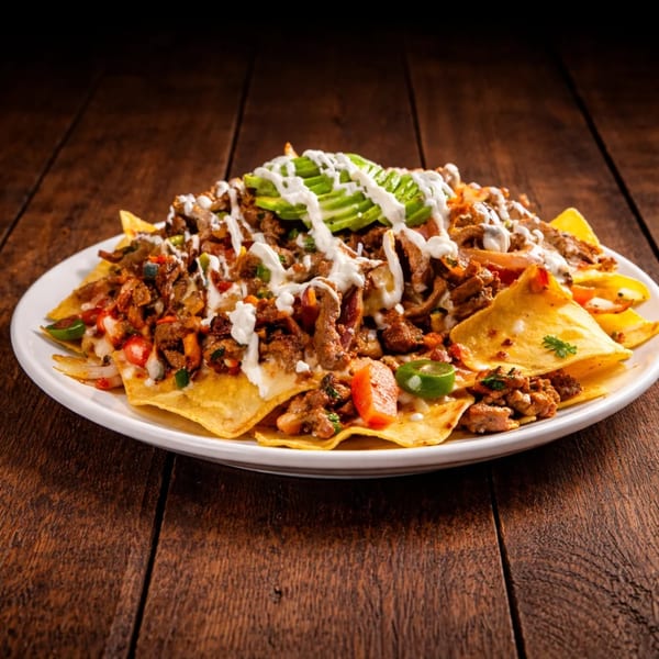A white plate of loaded nachos with meat, cheese, avocado, and sour cream on a wooden table.