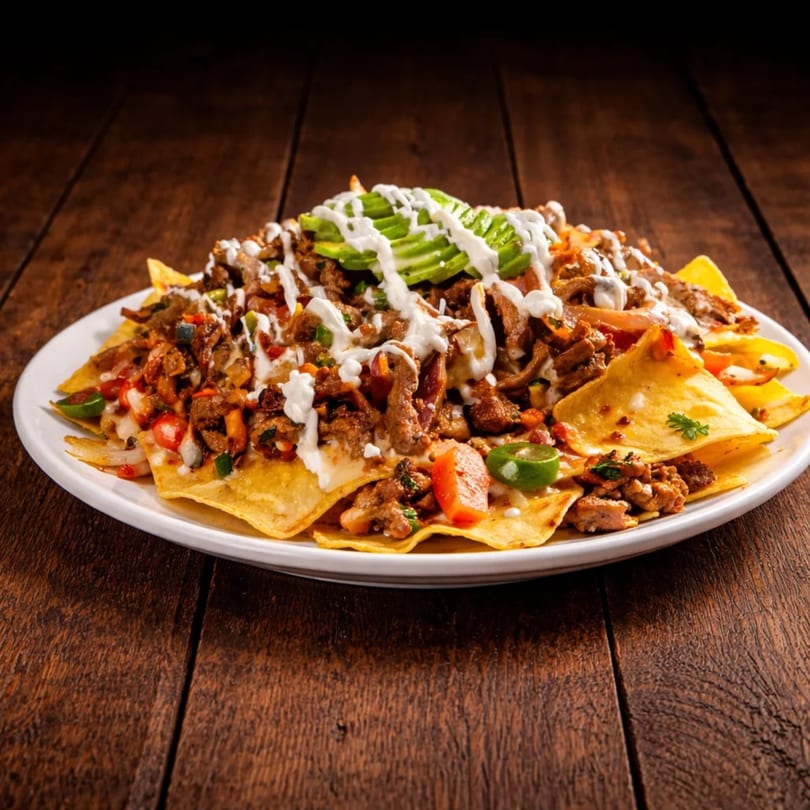 A white plate of loaded nachos with meat, cheese, avocado, and sour cream on a wooden table.