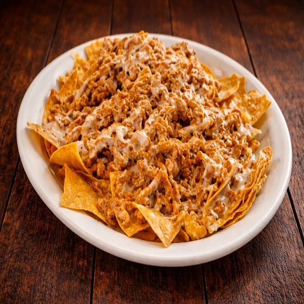 A white plate filled with nachos topped with seasoned ground meat and white cheese sauce.